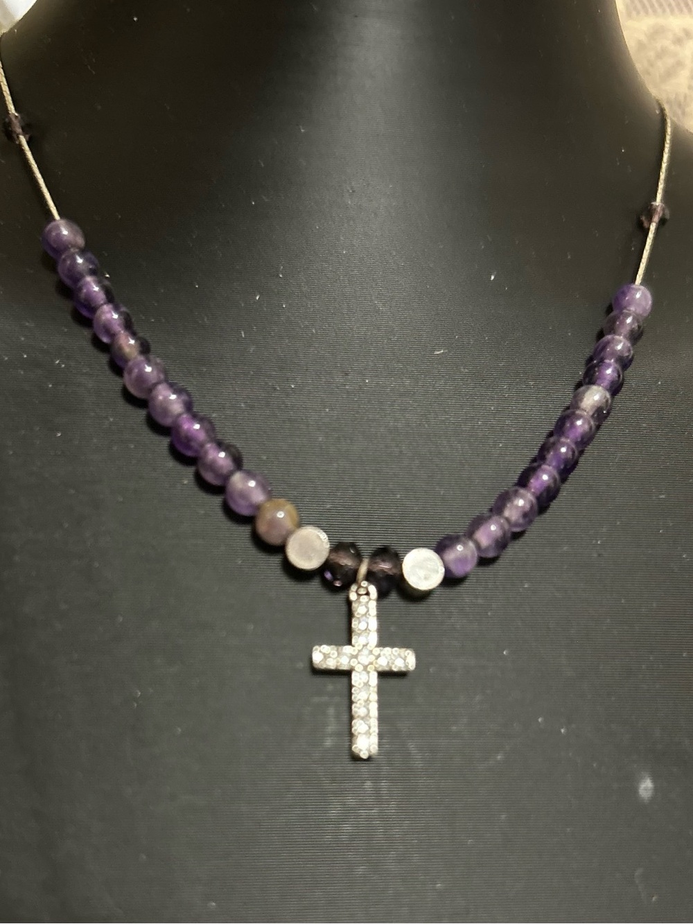 ✝️Purple Beaded Necklace with Crystal Cross Pendant
